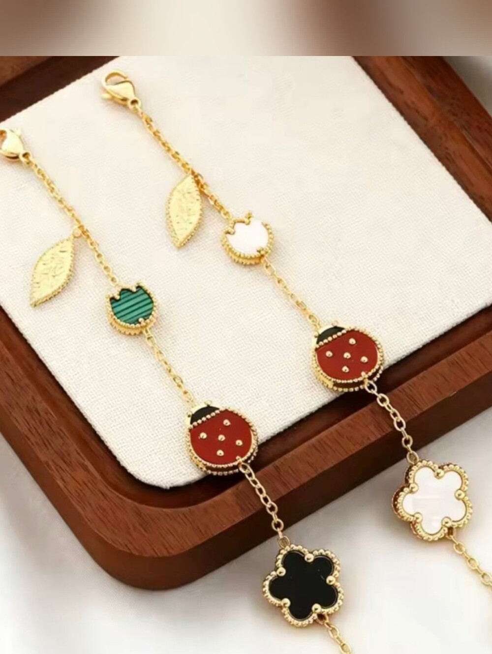 Gold-tone Bracelet with White Clover and Red Ladybug Accents - Picture 4 of 4